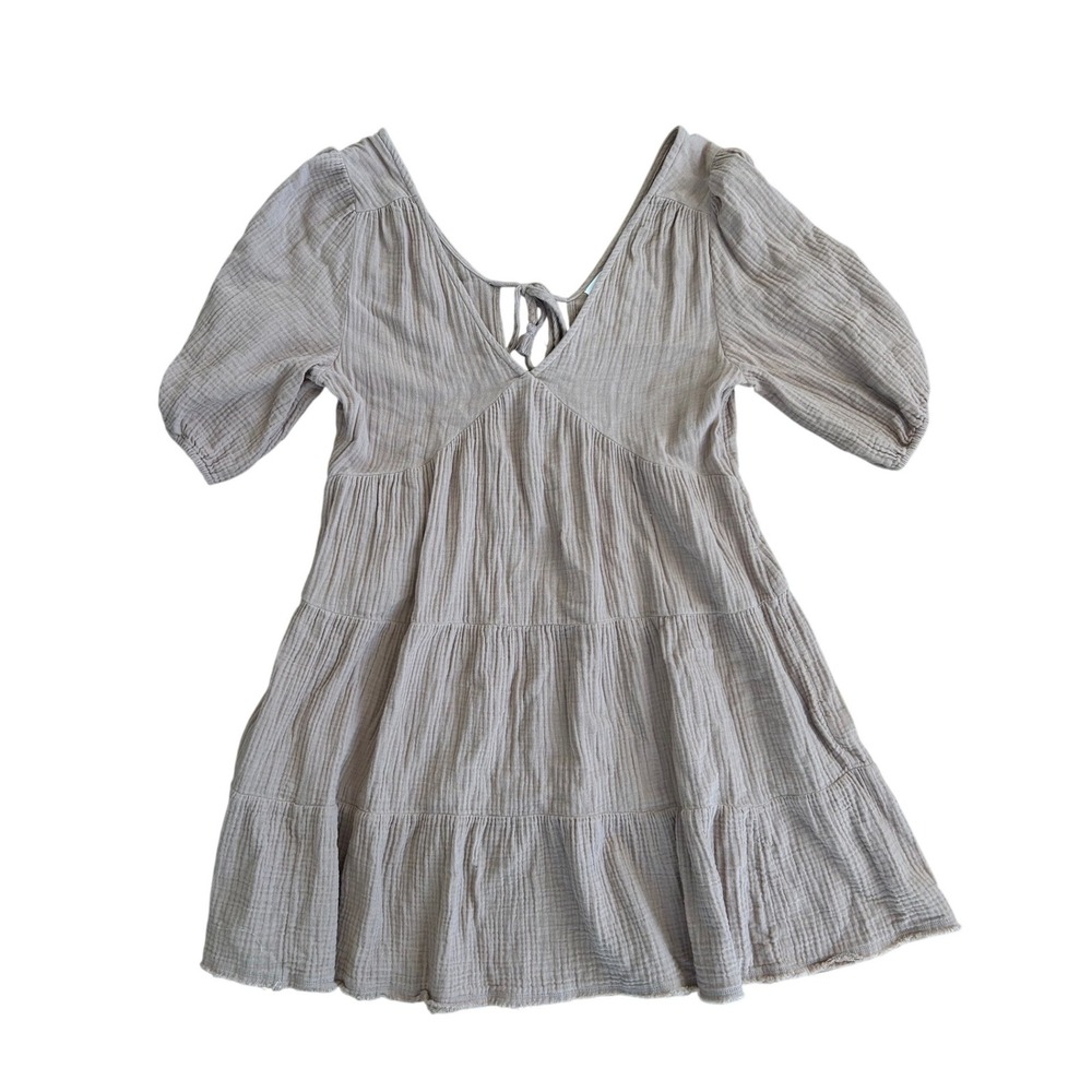 Aerie‎ Gauze Tiered Mini Dress Tan V-Neck Puff Sleeve Cotton Boho Size Large